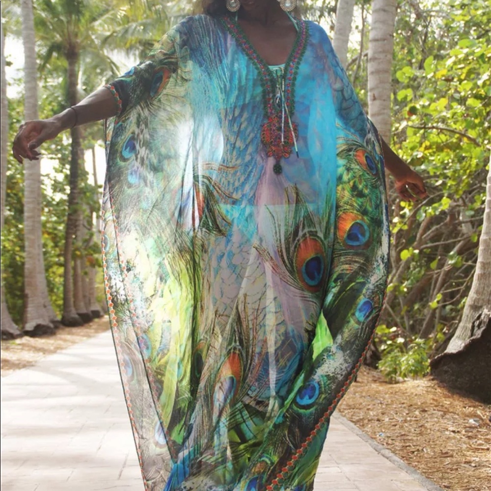 Peacock Feather Aqua Blue Green Kaftan Kimono - Picture 5 of 6